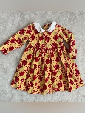 Little Me Vintage Style Yellow Corduroy Baby Girl Dress with Red Floral AOP